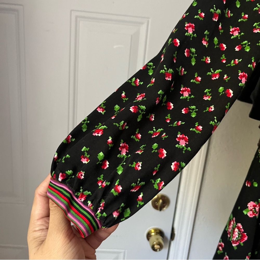 BETTY BARCLAY vintage black digital floral print puff long sleeve midi dress - Picture 3 of 9